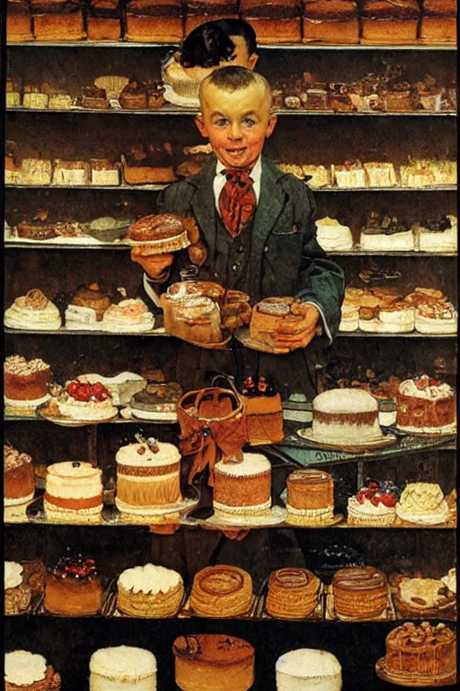 Prompt: a shop full of cakes by norman rockwell