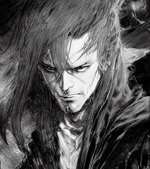 Image similar to portrait of a sinister anime man with long hair wearing a dark robe, pen and ink, intricate line drawings, by craig mullins, ruan jia, kentaro miura, greg rutkowski, loundraw