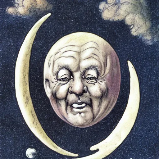 Image similar to dan morris celestial smiling talking moon portrait, side view, surrounded by clouds, illustrated by peggy fortnum and beatrix potter and sir john tenniel