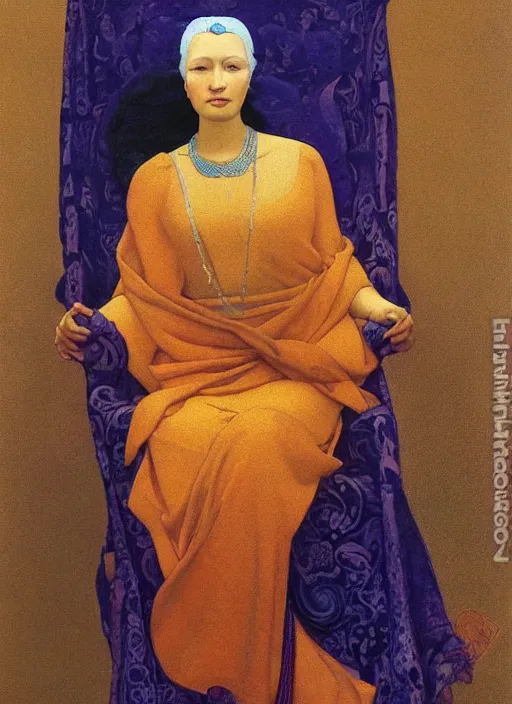 Prompt: an oil painting a queen with dark hair and white fair skin standing on a throne by maxfield parrish, by nicholas roerich, highly detailed, realistic, realism, oil painting, 1 9 th