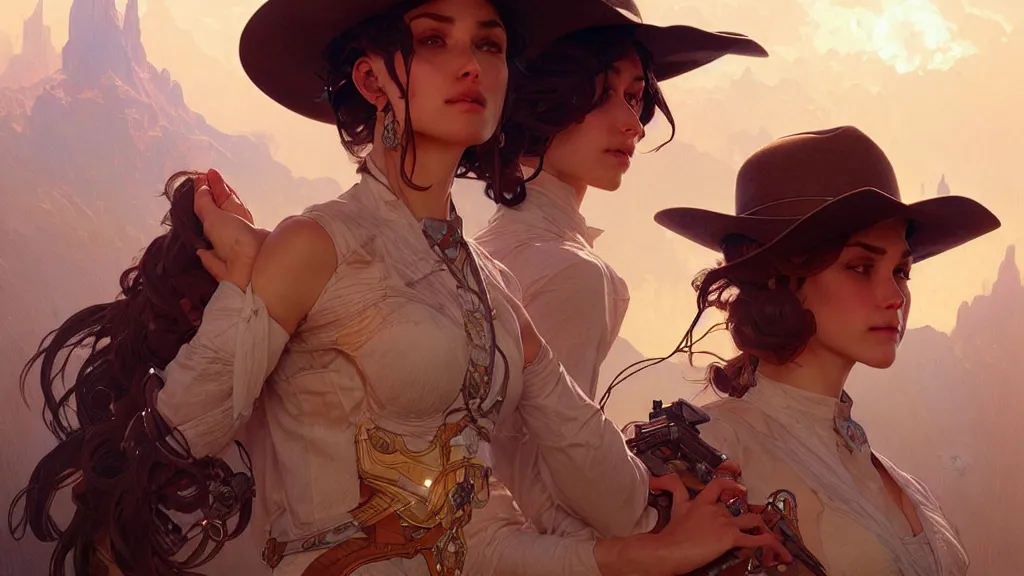 Image similar to cowboy dream, sci - fi, stunning, intricate, elegant. highly detailed, digital painting. artstation. smooth. sharp focus. illustration. art by artgerm and greg rutkowski and alphonse mucha