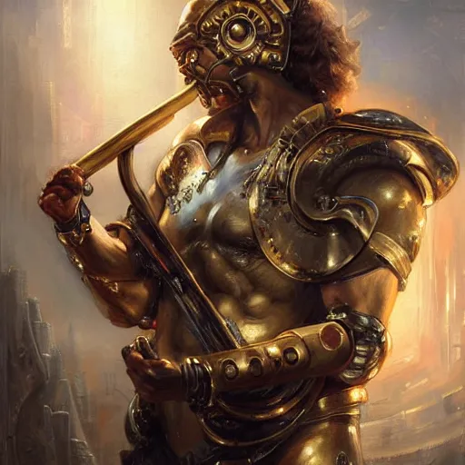 Image similar to stunning portrait of greek argonaut Orpheus playing the golden lyre, painting by Raymond Swanland, cyberpunk, sci-fi cybernetic implants hq