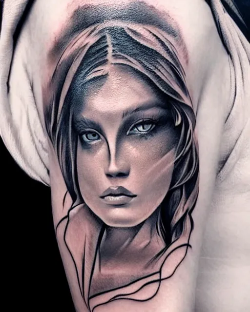 Image similar to tattoo design sketch of a beautiful blue - eyed woman face with a faded background of beautiful mountains on her side, hyper - realistic, in the style of den yakovlev, amazing detail, black and white