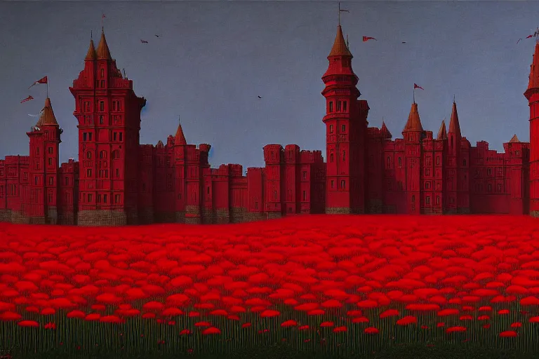 Image similar to only with red, red flowers of different types, red castle in background, red medieval goblins, in the style of beksinski, parts by edward hopper, parts by rodcenko, parts by yue minjun, intricate and epic composition, red by caravaggio, insanely quality, highly detailed, masterpiece, red light, artstation, 4 k