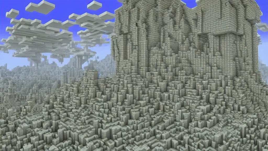 Image similar to Surrealist digital painting of a minecraft End City by René Magritte