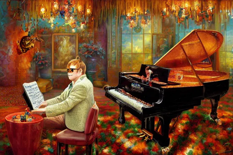 Prompt: elton john playing a piano in a pool filled with baked beans, an oil painting by ross tran and thomas kincade