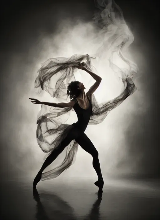 Image similar to a Photorealistic dramatic hyperrealistic render of a glamorous beautiful Female smoke dancer by Ken Brower and Deborah Ory of NYC Dance project,Lois Greenfield,Flowing cloth and smoke,Beautiful dynamic dramatic dark moody lighting,volumetric,shadows,cinematic atmosphere,Octane render,8K