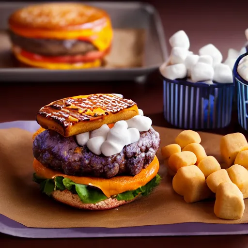 Image similar to Fast Food commercial photograph of a Cinnabon burger with a sweet potato patty, sweet cinnamo bun and melted marshmallows