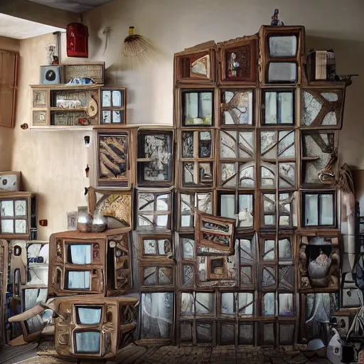 Image similar to photo of furniture upside down in a house inspired by jacek yerka, cinematic