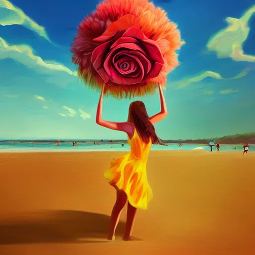 Image similar to portrait, giant rose flower head, girl dancing at the beach, surreal photography, sunrise, blue sky, dramatic light, impressionist painting, digital painting, artstation, simon stalenhag