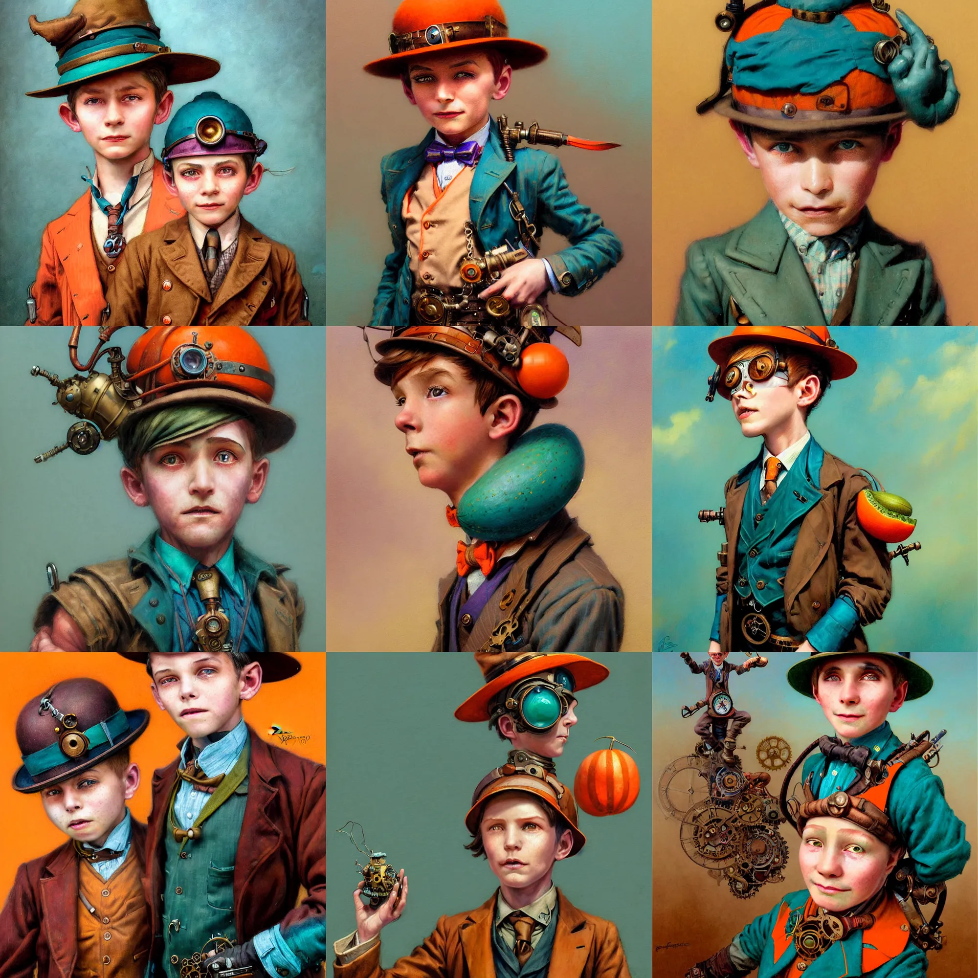 Prompt: beautiful realistic character portrait of a 8 year old steampunk boy hero in the 1 9 2 0 s, wearing a melon, 1 9 2 0 s cloth hair, coloured in teal and orange, muted colours, by peter mohrbacher, hajime sorayama, wayne barlowe, boris vallejo, aaron horkey, gaston bussiere, craig mullins