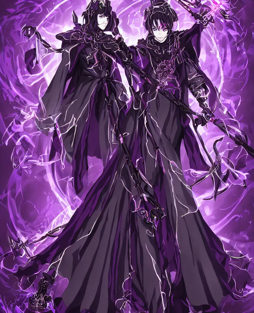 Image similar to an attractive anime female necromancer mage symmetrical, donned in black cloak with purple staff full body in frame