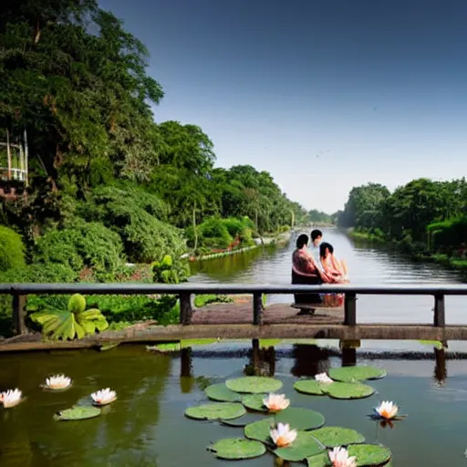 Prompt: a couple sitting on the bridge close to the river with a lot of water lily made by studio ghibli