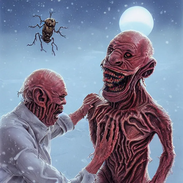 Prompt: smooth john carpenter two - headed flesh monster, mccready the thing 1 9 8 2 creature john carpenter by stanley artgerm lau, antarctica, research station, snow, wlop, the thing alien assimilation, metamorphose, rossdraws, frank frazetta, andrei riabovitchev, marc simonetti