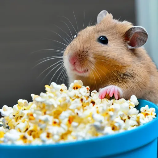 Image similar to photo of a hamster, full cheeks, eating popcorn from a bucket of popcorn, various poses, unedited, soft light, sharp focus, 8 k