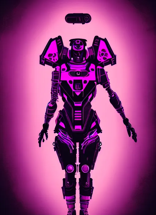 Prompt: black background with subtle red and purple design elements, pale woman in sci - fi power armor with purple hair, nekro, modern design, collage art, thin lines, dark, glitch art, neo vaporwave, gritty, layout frame, trending on artstation