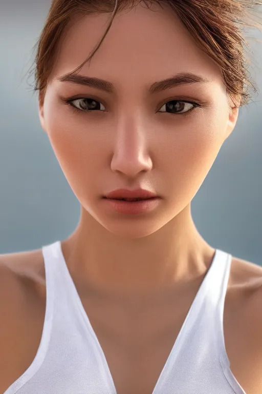 Image similar to 2 4 year old female wearing white v - neck top, neck zoomed in, photo realistic, extreme detail skin, no filter, slr, golden hour, 4 k, high definition, photograph, selfie