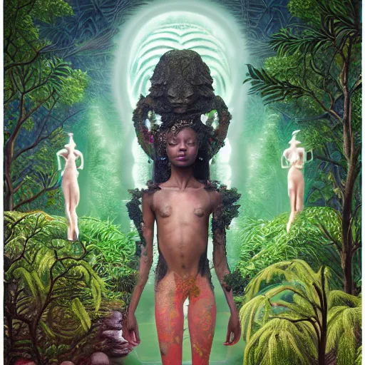 Prompt: symmetry!!, corpse of an african moon goddes deep inside a temple overgrown with vegetation, by casey weldon and chie yoshii and amanda sage, global illumination, concept art, radiant light, god rays, bokeh, digital illustration, cg society, unreal engine 5, ray tracing