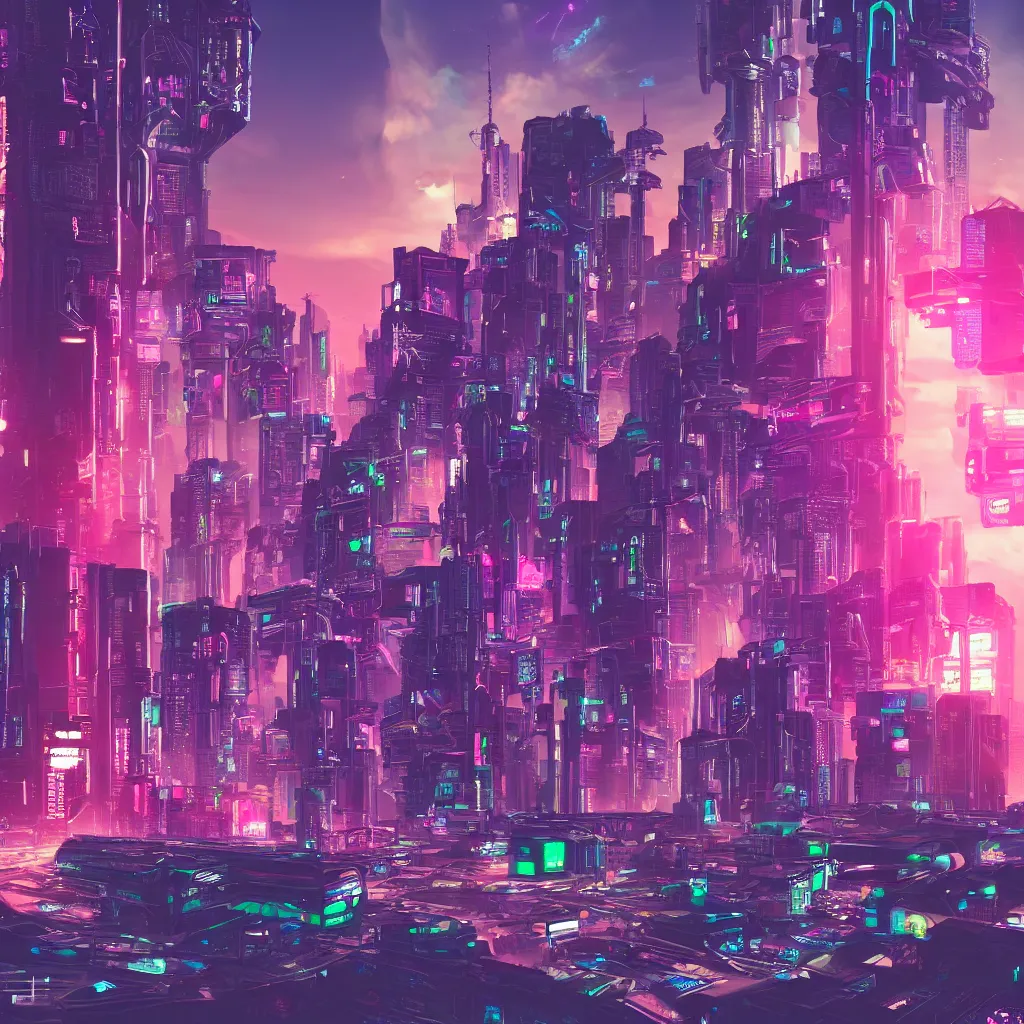 Prompt: a cyberpunk city, spaceships, vaporwave, synthwave, cyberpunk