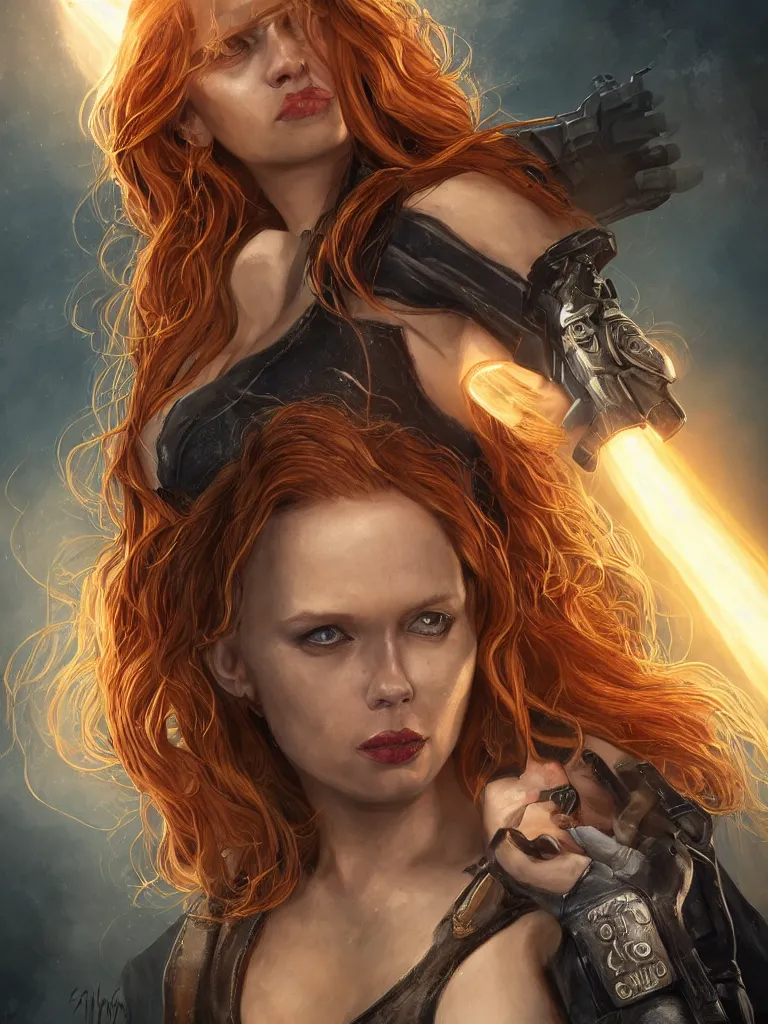 Prompt: portrait of marvel's black widow as a beautiful scandinavian goddess in a icelandic courtyard holding a pistol, decolletage, confident pose, coherent, insane detail, concept art, character concept, cinematic lighting, global illumination radiating a glowing aura