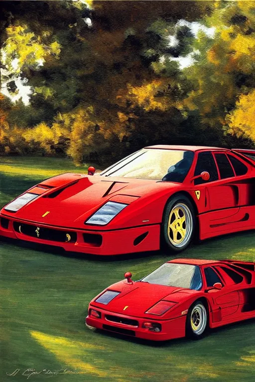 Prompt: ferrari f 4 0, golden hour, in a garden, artstation, by j. c. leyendecker and peter paul rubens,