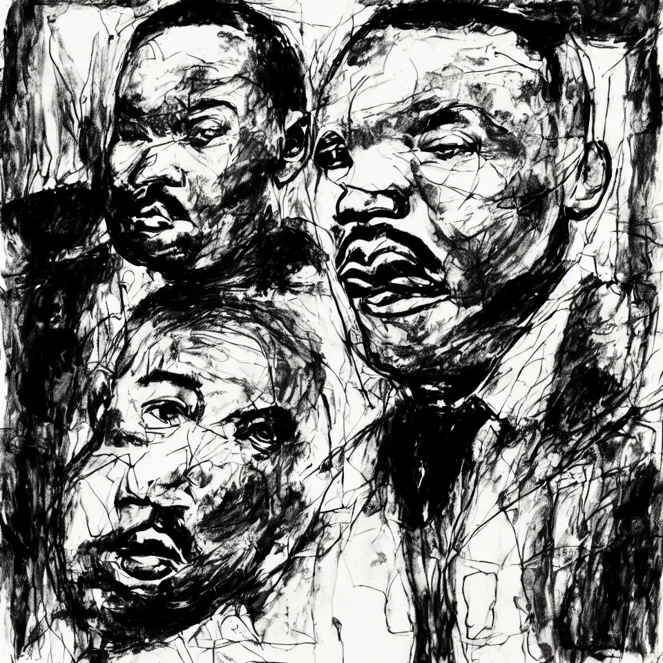 Image similar to A loose messy wild ink sketch portrait of Martin Luther King in the style of Ralph Steadman and Paul Klee, caricature, dramatic