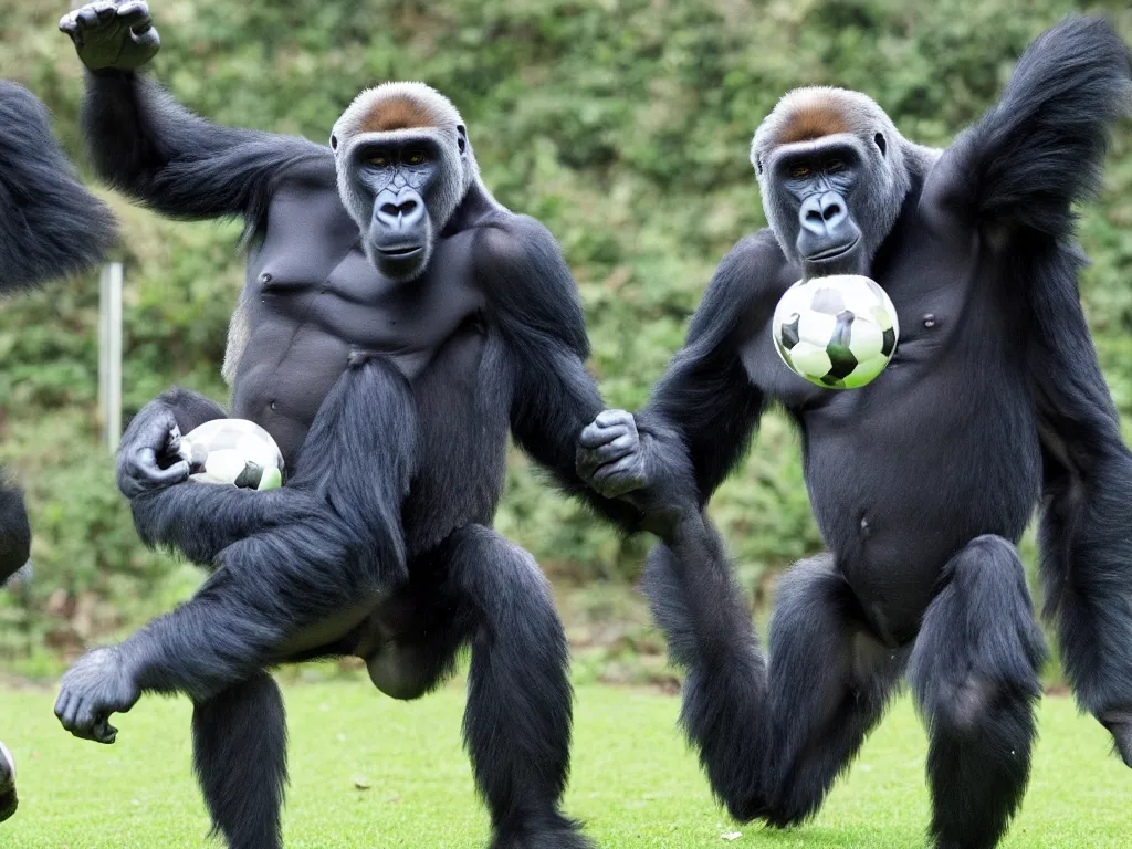 Image similar to a gorilla kicking a ball towards the rival goal, vivid