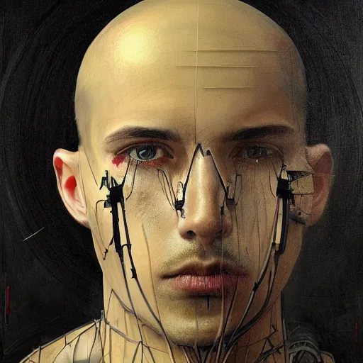 Image similar to surreal portrait of a man by Greg Rutkowski, symmetrical face, he is about 30 years old, short black hair with bangs, his features are a mix between French, Turkish and Russian, transformed into a kind of biomechanical transhuman god, uncany but fascinating, expression of epiphany and determination, cosmic void background, frightening, fascinating, highly detailed portrait, digital painting, book cover, artstation, concept art, smooth, sharp foccus ilustration, Artstation HQ