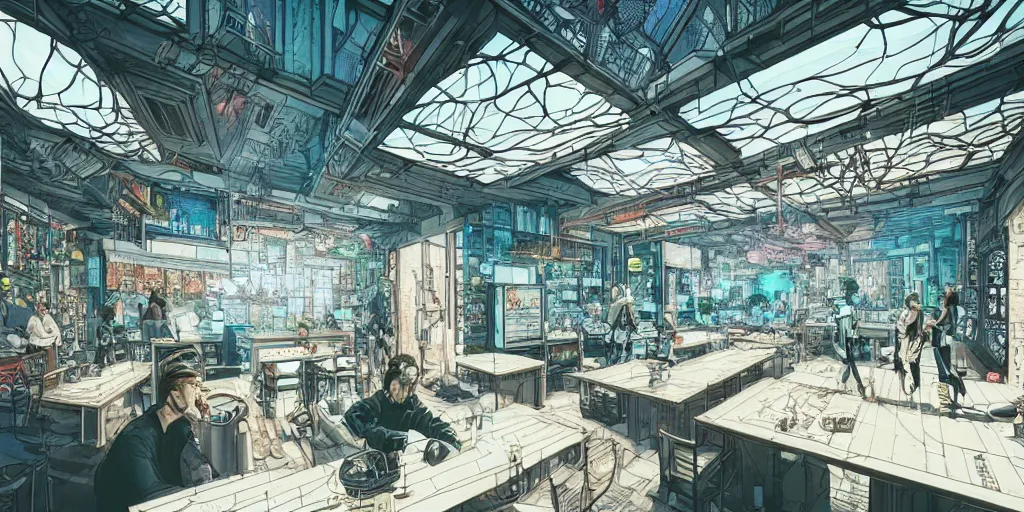 Prompt: Highly detailed realistic photo of interior design in style of minimalism by Hiromasa Ogura and Josan Gonzalez of detailed cyberpunk tavern with stone walls and neon lights, a lot of electronics and people, many details. Natural white sunlight from the transperient roof.