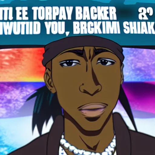 Image similar to Tupac Shakur, screenshot from a 2012s anime