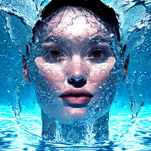 Prompt: water artwork manipulation in the shape of a human head, on the ocean water, ray tracing, realistic water sharp focus, long shot, 8 k resolution, cinematic, amazing water art