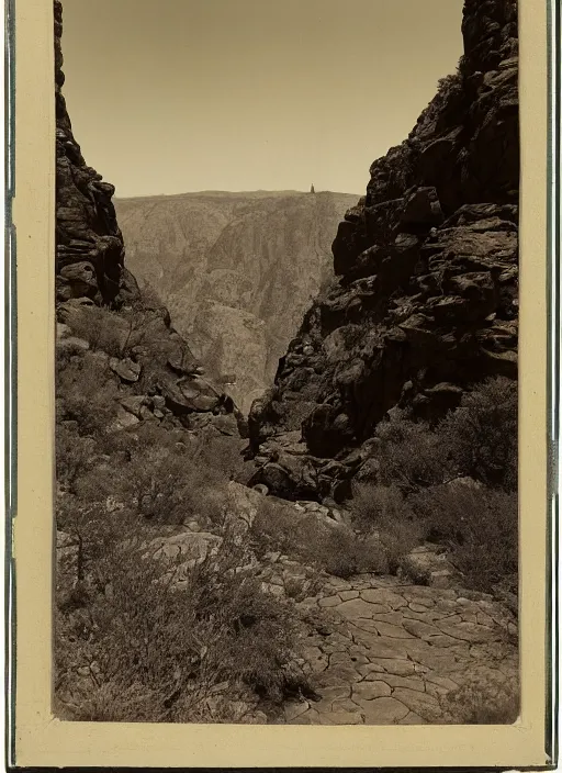 Prompt: Overlook of a gorge with steep rocky slopes covered with sparse desert trees , albumen silver print by Timothy H. O'Sullivan.