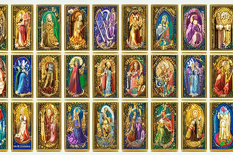 Image similar to illustration of design sheet of sets of various fantasy religion iconography mosaics with gemstones, prismatic colors, ornate gold patterns