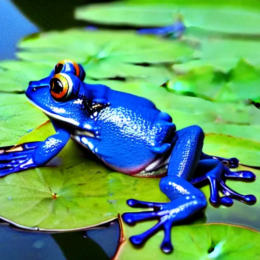 Image similar to cute blue frog sitting on a water lily, intricate, elegant, sharp focus, illustration, highly detailed, concept art, matte, trending on artstation, anime, art by kuvshinov ilya h 6 4 0