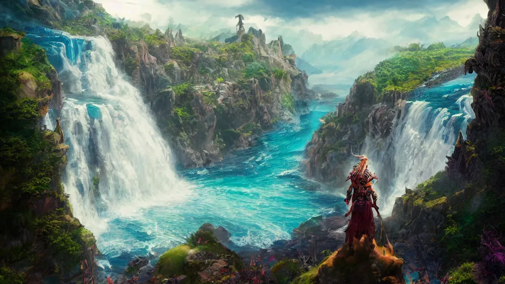Prompt: A Fantasy Warrior, standing on a cliffside, beside a beautiful colourful waterfall, over looking a large Fantasy city in the middle of the ocean, trending artstation, 8k, highly detailed, matte painting, concept art