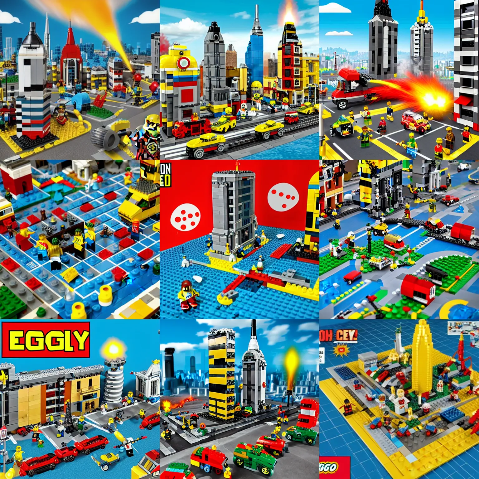 Prompt: nuclear bomb going off in lego city, photo, lego style explosion