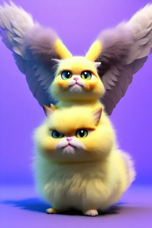 Image similar to high quality 3 d render hyperrealist very cute multipastel fluffy! grumpy griffin cat hybrid with fluffy wings!, vray smooth, in the style of detective pikachu, hannah yata charlie immer, dramatic yellow light, low angle, uhd 8 k, sharp focus