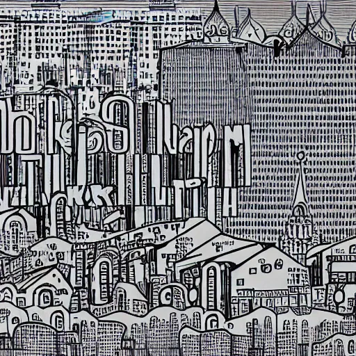 Image similar to moscow skyline, in the style of daniel johnston, 4k, line brush, minimal, overlaid with russian text