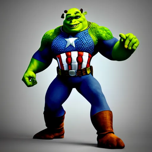 Image similar to digital painting of Shrek as Captain America, octane render, volumetric lightening, by marvel