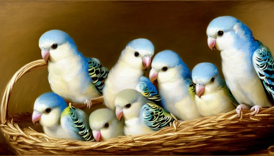 Image similar to highly detailed painting of cute baby budgies cuddling up in a basket by william turner, thick brush strokes and visible paint layers, 4 k resolution, blue and white colour scheme