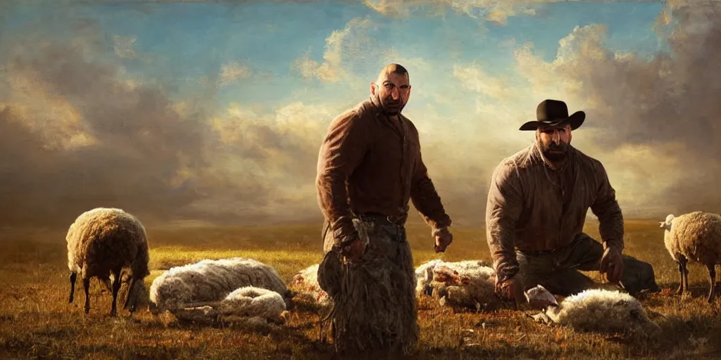 Prompt: Oil painting of Dave Bautista in the old west inspecting a dead sheep outside the cabin on the prairie, volumetric lighting, cinematic