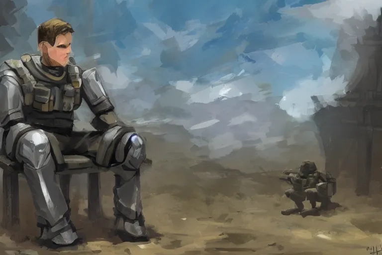 Prompt: an android soldier sits on a bench as a battle rages behind him, sad, hunched shoulders, blue skies, sunny day, concept art