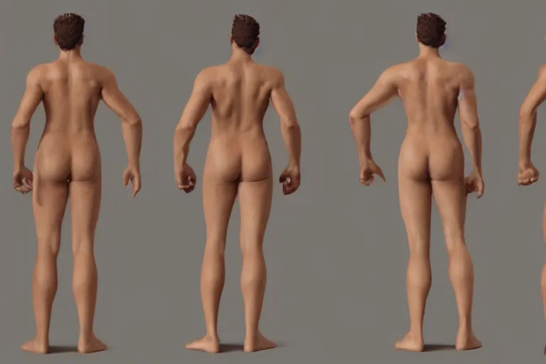 Prompt: a reference sheet containing three pictures. a hero in the front back view and side view, proportions, ready to model,