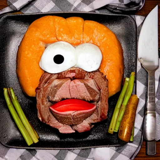 Image similar to chuck roast norris, food photo of chuck norris face on chuck roast