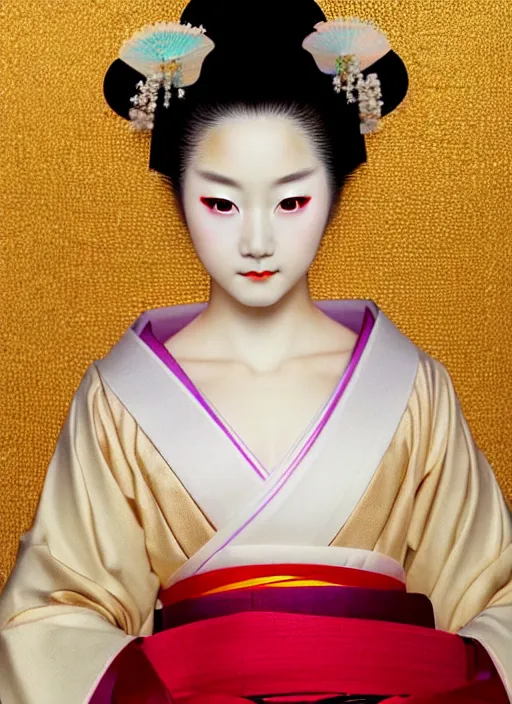 Image similar to glamorous young Geisha closeup portrait, beautiful pale makeup, pearlescent skin, elegant pose, very detailed, highly detailed kimono, photorealism, sharp focus, soft diffuse autumn lights, some sunlight ray, zen temple background, painted by Leonardo da vinci and moebius