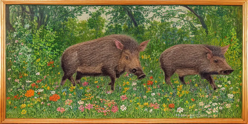 Image similar to Painting of a wild boar in the forest in style of Louis Wain