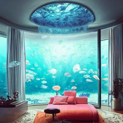 Image similar to photo of the modern fashionable room as aquarium with a chandelier as a big jellyfish, beautiful corals on the walls and dangerous sharks on the big panoramic window, realism, sharp details, cinematic, a lot of gleans, under the ocean, realistic colors, realistic shadows, daylight by beeple and by greg rutkowski