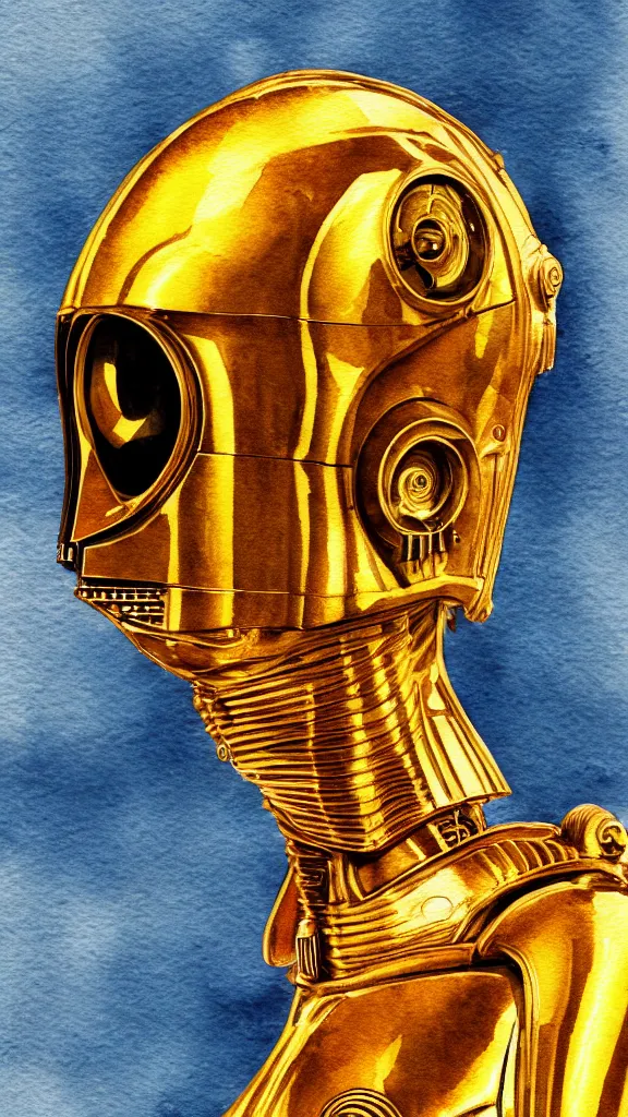 Image similar to a portrait of c - 3 po in a watercolor style. faded wash. color harmony, 8 k detail, gallery quality, hd wallpaper, premium prints available, hyper - detailed, intricate design.