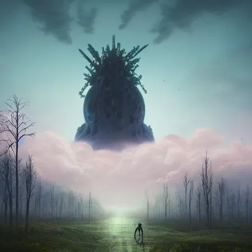 Image similar to a digital painting of a gigantic big enormous humanoid monster standing in the sky, concept art by simon stalenhag and peter mohrbacher cgsociety, vanitas, ominous, lovecraftian, speedpainting, apocalypse art. mist. unreal engine. hyper - realistic. photo realistic. octane render. detailed masterpiece. extreme wide shot.