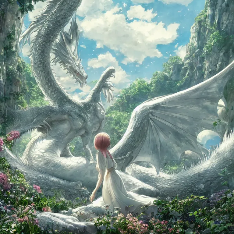 Image similar to the beautiful hyper detailed scene render that a lonely beautiful girl lies in the arms of a huge silver white dragon alone in fairyland surrounded by white clouds, finely detailed angelic face delicate, style of studio ghibli, makoto shinkai, raphael lacoste, louis comfort tiffany, artgerm, james jean, ross tran, animation style, hd, ultra wide angle